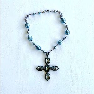 Gray pearl and crystal cross necklace